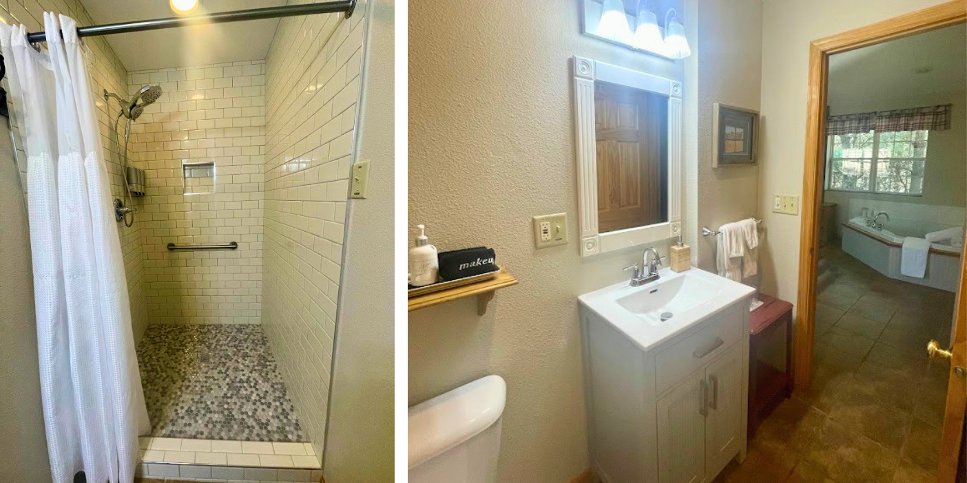 split picture of bathroom with tile shower on left and sink and toilet on right
