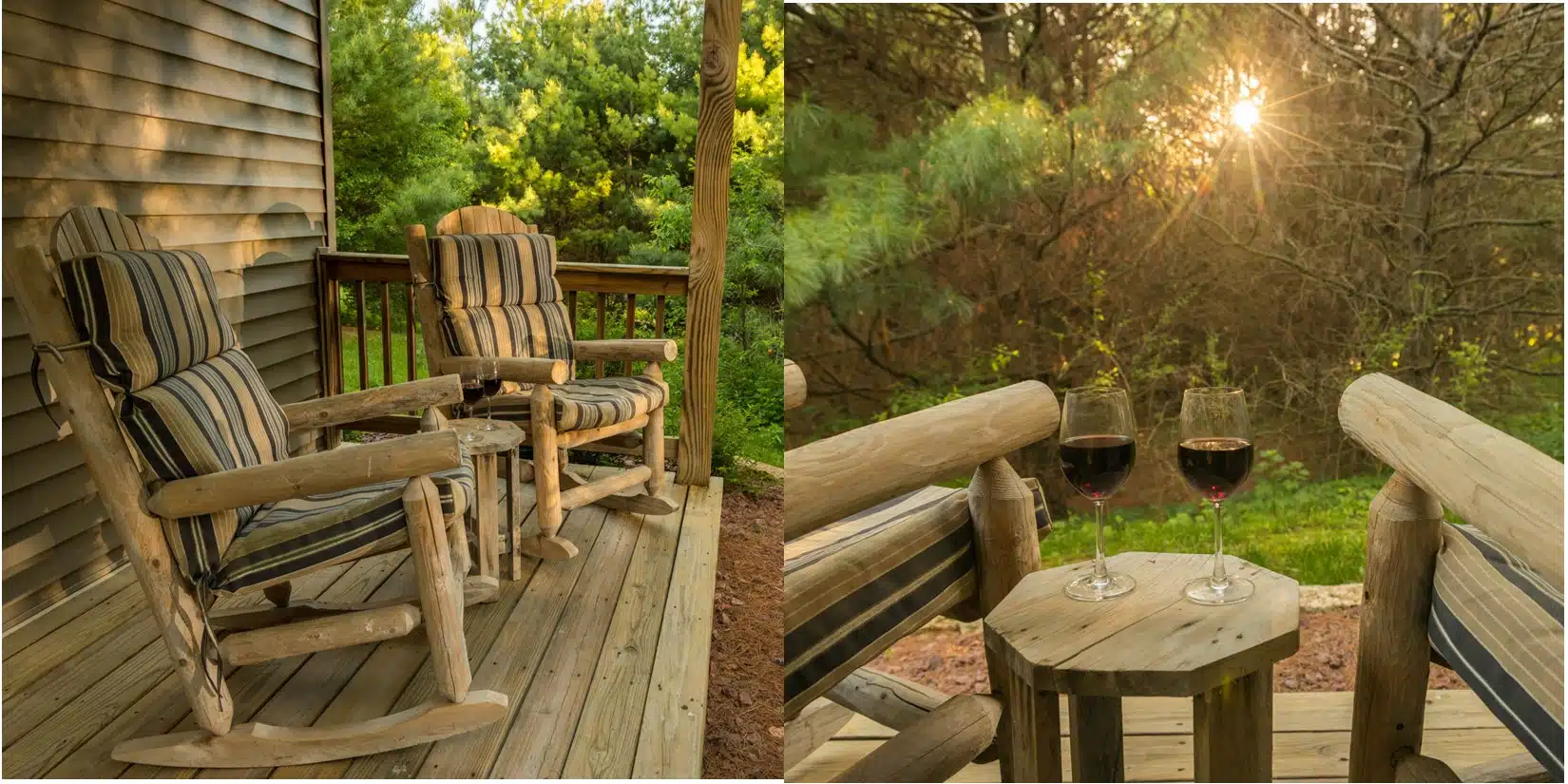 split picture with deck on left and setting sun and wine on right