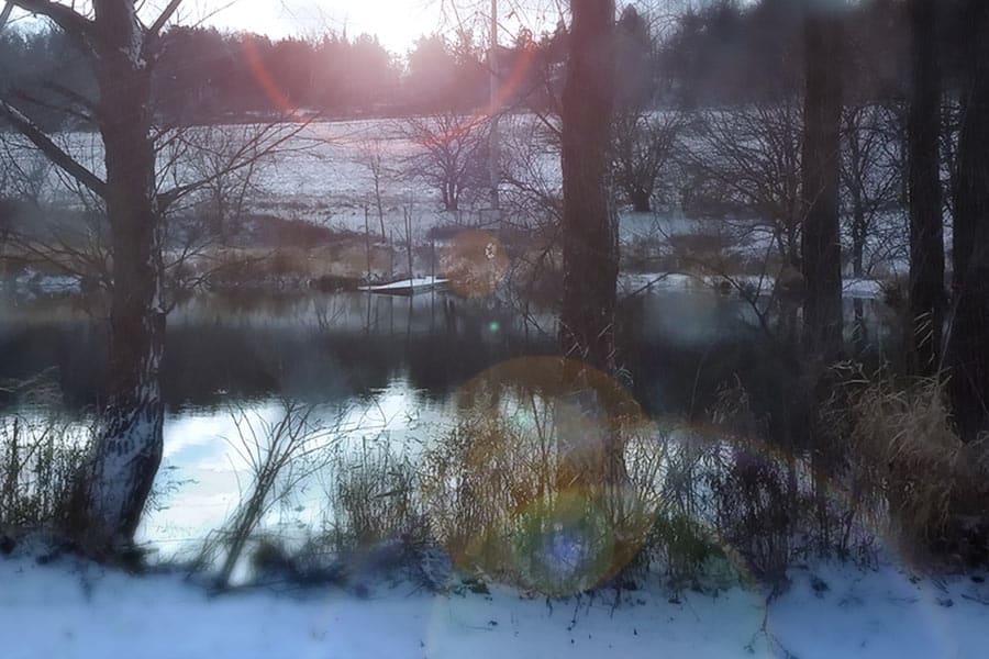 Sun shining on frozen pond