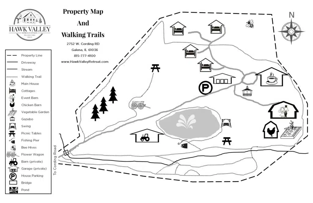 a map of Hawk Valley Retreat and cottages showing waliking trails and points of interest