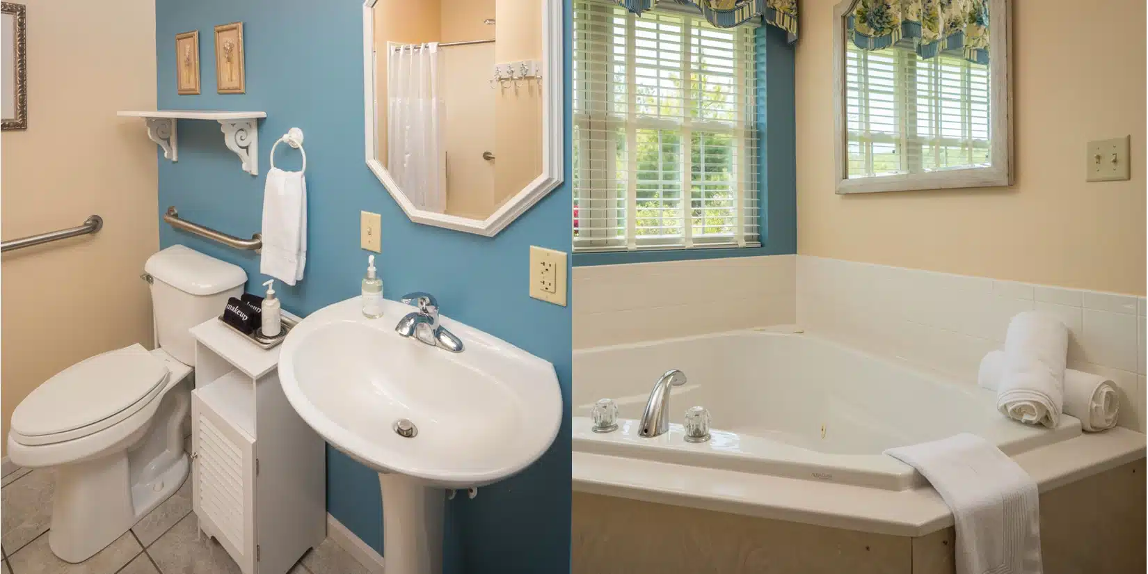 Split picture wth left showing toilet, sink and reflection of shower in mirror with blue Walls, Right picture shows whrilpool tub with window and mirror above