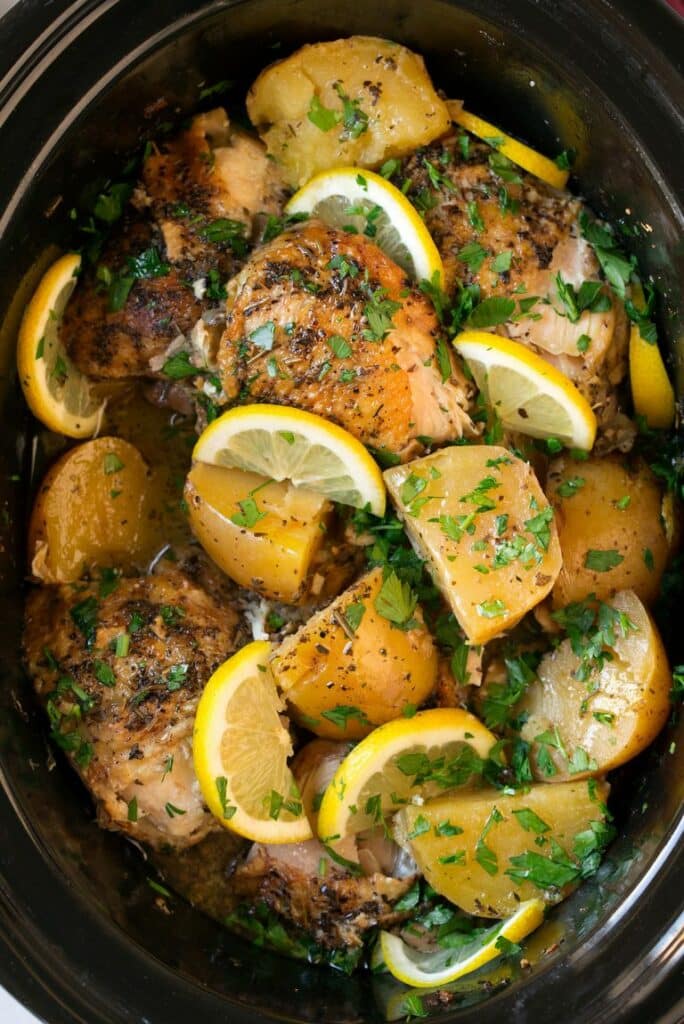 lemon chicken and potatoes in slow cooker