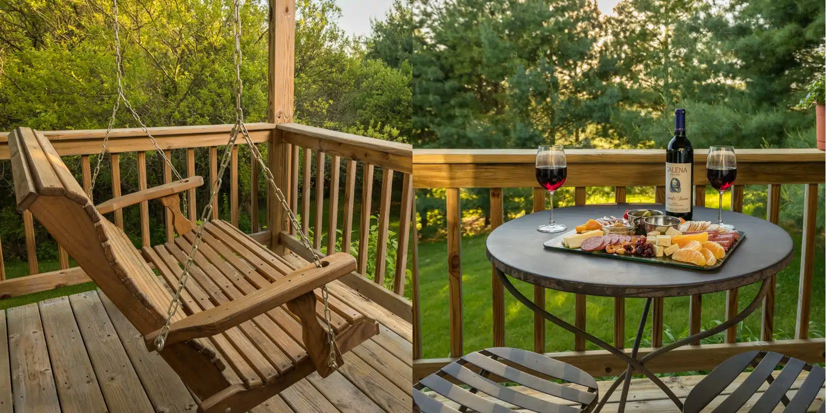 split picture showing porch spring on the left and a bistro table with wine and a charcuterie board on the right