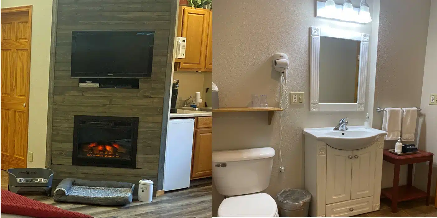 split picture showing dog amenities and white bathroom