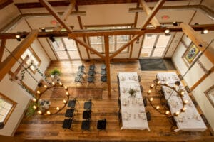 wedding tables and ceremony set from 
above at our Galena Illinois Wedding Venue