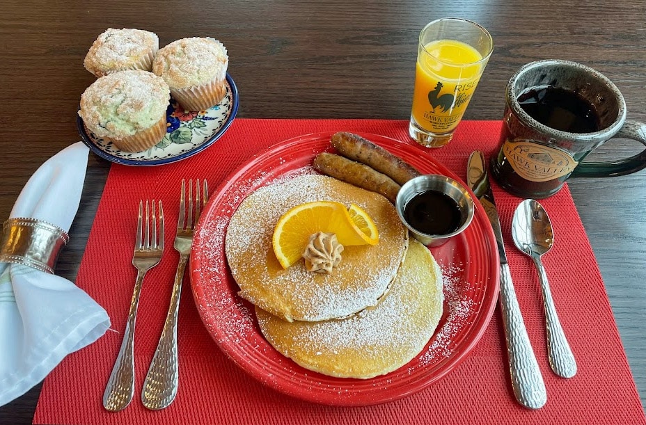 Pancakes, sausage and muffins for breakfast.