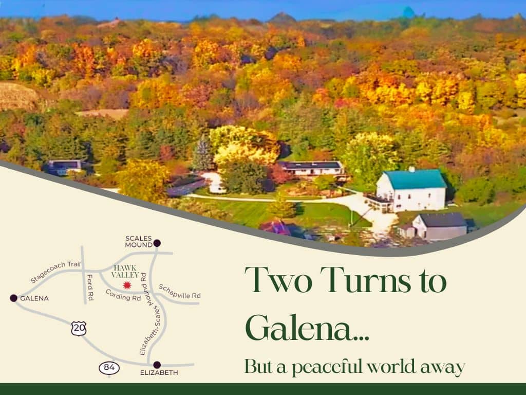 Autumn vista with the words "two turns to galena, but a peaceful world away. 