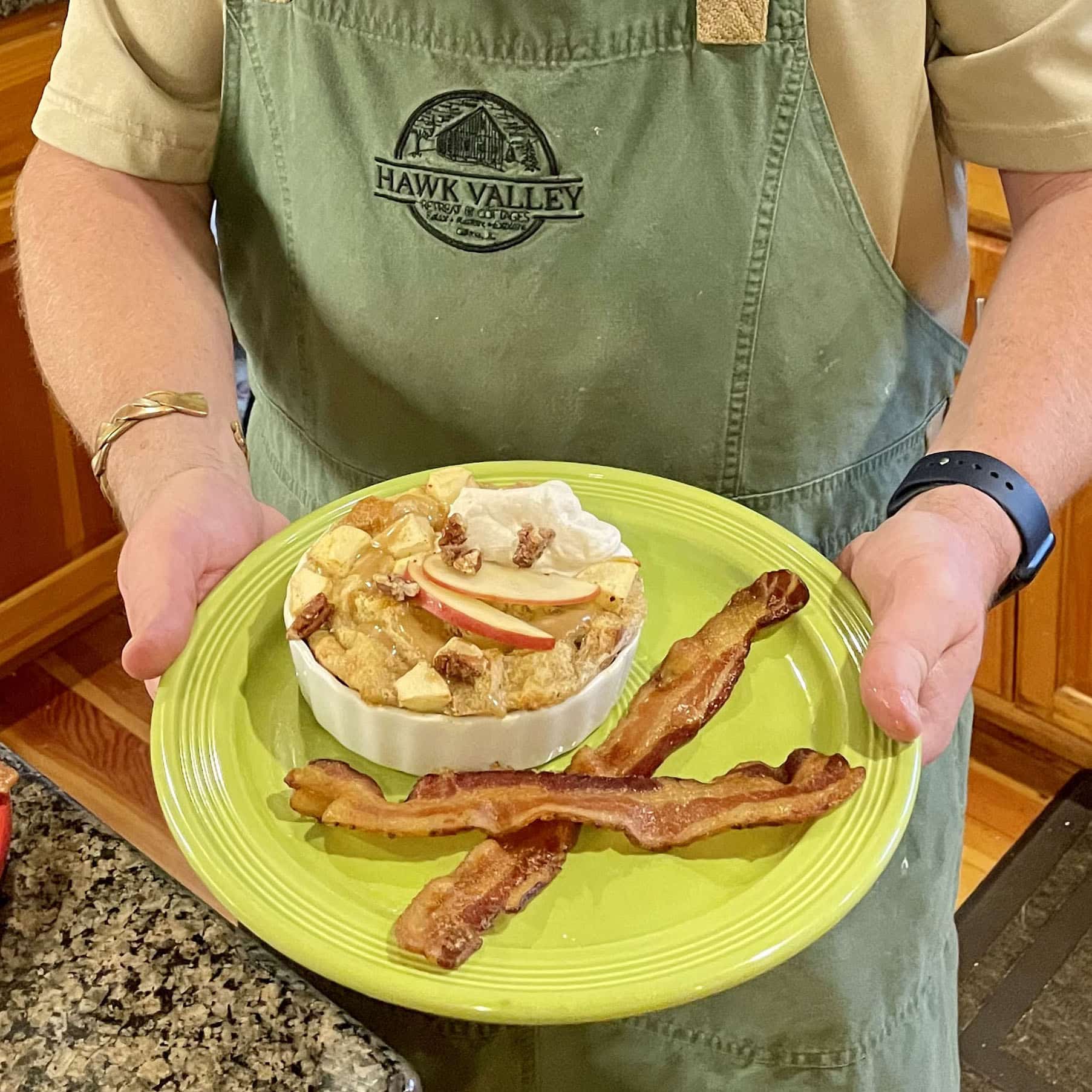 Bananas Foster Baked French toast with bacon.