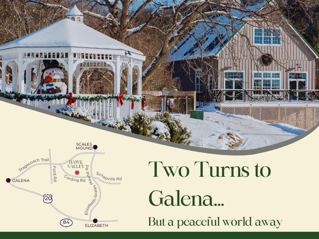 Picture of barn and gazebo in winter, map of the area and the words "two turns to galena but a peaceful world away"