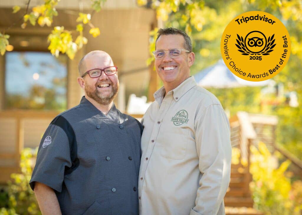 Hawk Valley Retreat & Cottages Innkeepers Jim and John and Tripadvior Best of the Best award logo.