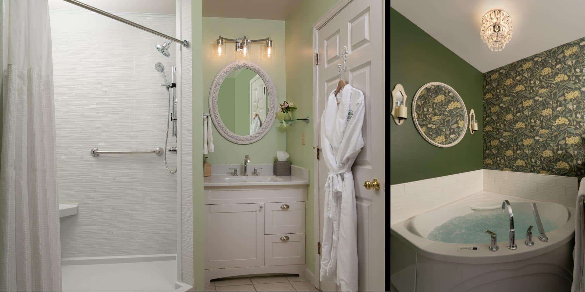 left side of picture large white tile shower and vanity. right side of picture spa tub in green alcove