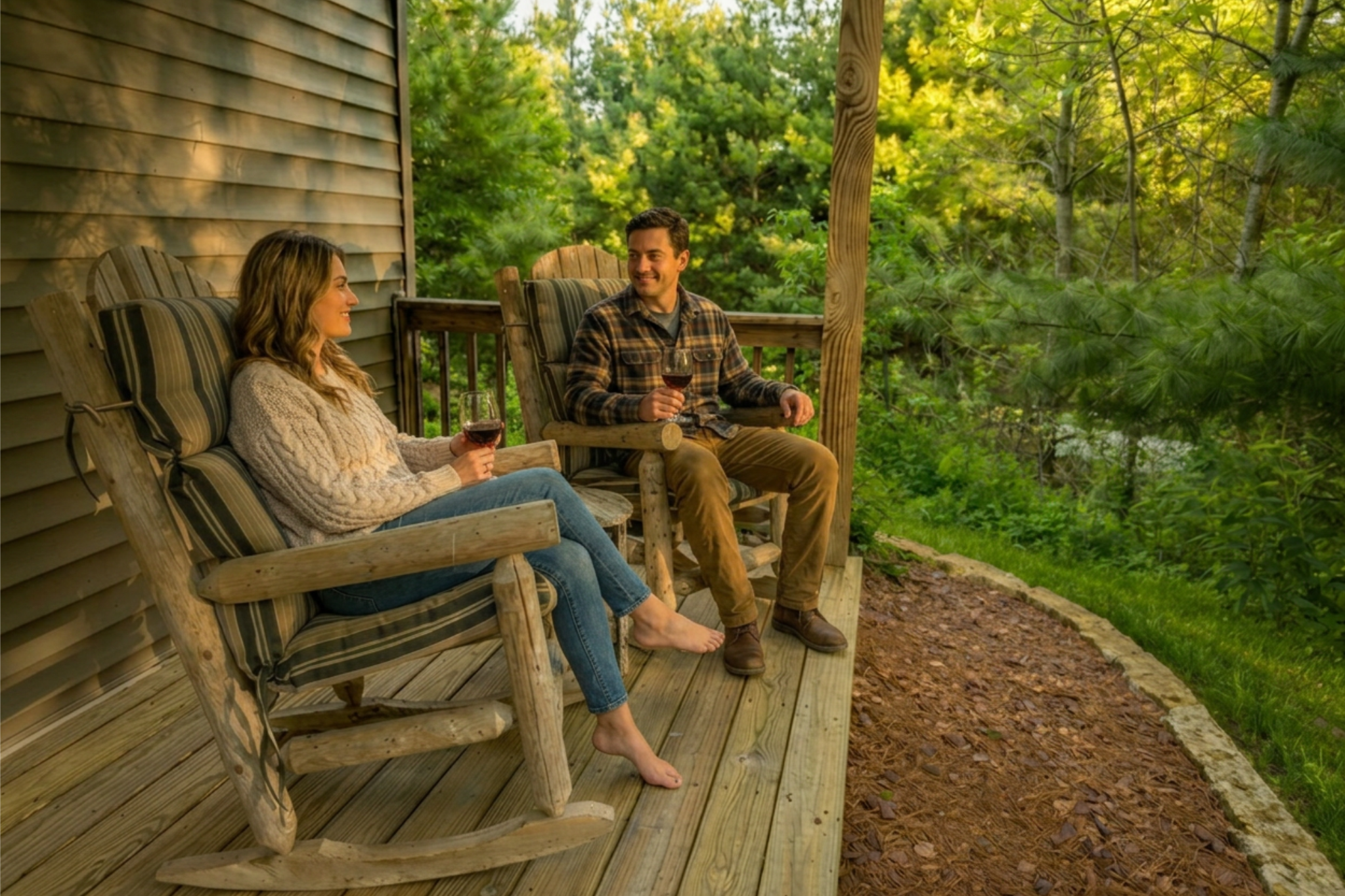 • Couple relaxing outside a private cottage at Hawk Valley Retreat near Galena, Illinois